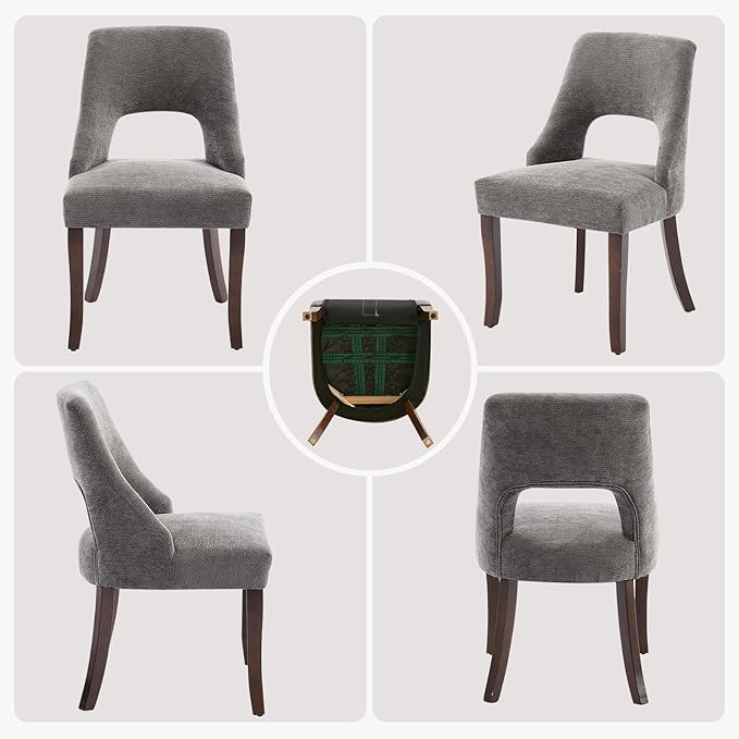 UVV Wooden Dining Chairs Set of 6, Mid Century Upholstered Dining Room Chair Kitchen Chairs, Chenille Dinner Chair with Solid Wood Legs for Kitchen Dining Room, Dark Grey