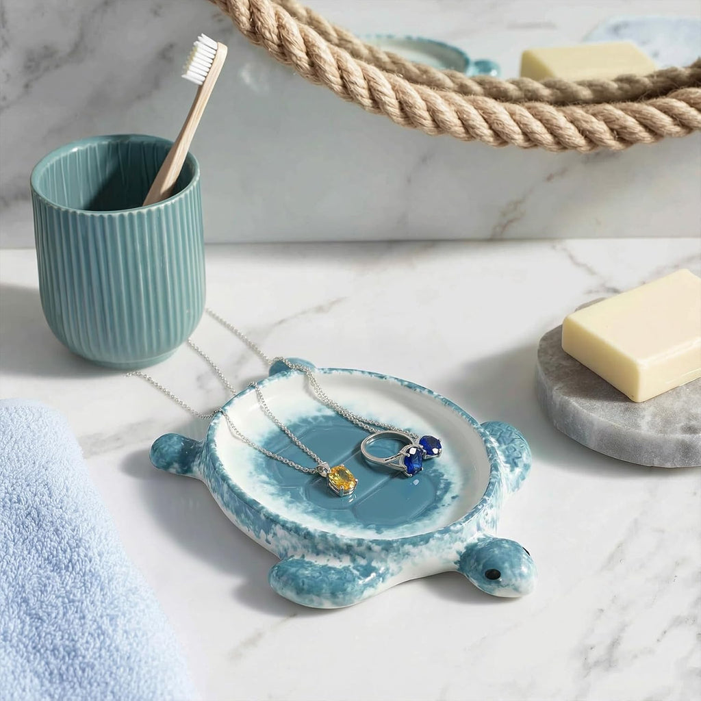 Potiera Sea Turtle Jewelry Tray, Handmade Ceramic Decorative Blue Ring Holder Trinket Dish for Earrings Necklace Key, Christmas Birthday Sea Turtle Gifts for Girls Women Mom, Coastal Ocean Beach Decor