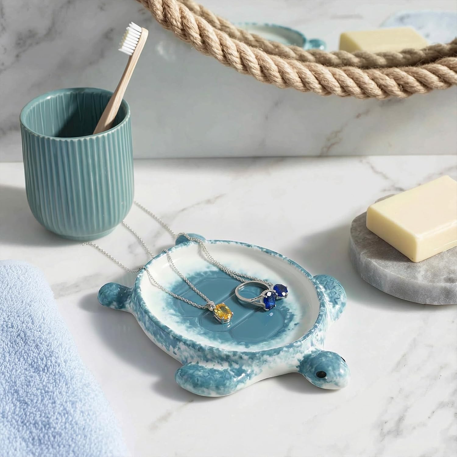 Potiera Sea Turtle Jewelry Tray, Handmade Ceramic Decorative Blue Ring Holder Trinket Dish for Earrings Necklace Key, Christmas Birthday Sea Turtle Gifts for Girls Women Mom, Coastal Ocean Beach Decor