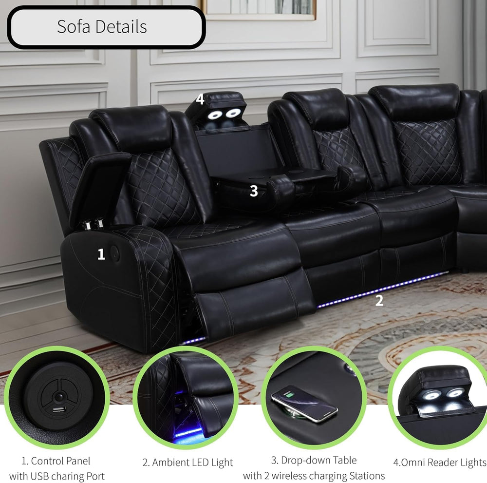 Power Recliner Sofa Sectional Sofa with LED Light for Living Room, Air Leathe...
