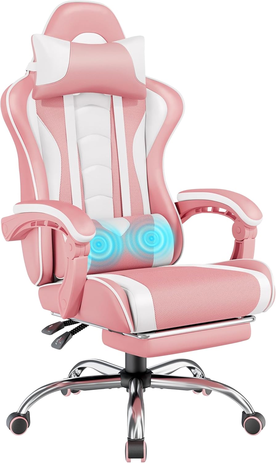 Yaheetech Gaming Chair with Footrest Massage Lumbar Pillow Pink and White | F...