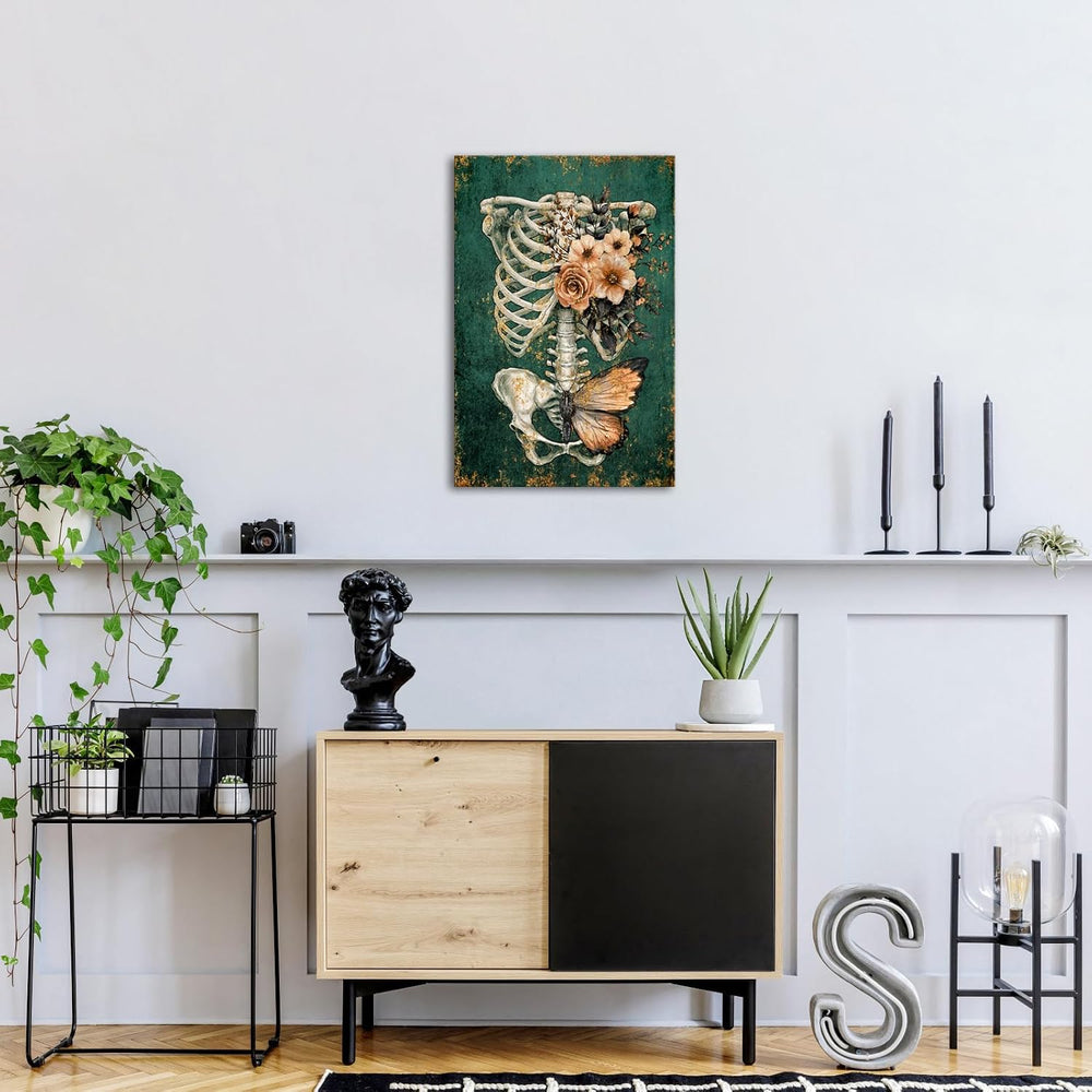 iKNOW FOTO Vintage Human Skull Canvas Wall Art, Floral Butterfly Skeleton Ana...