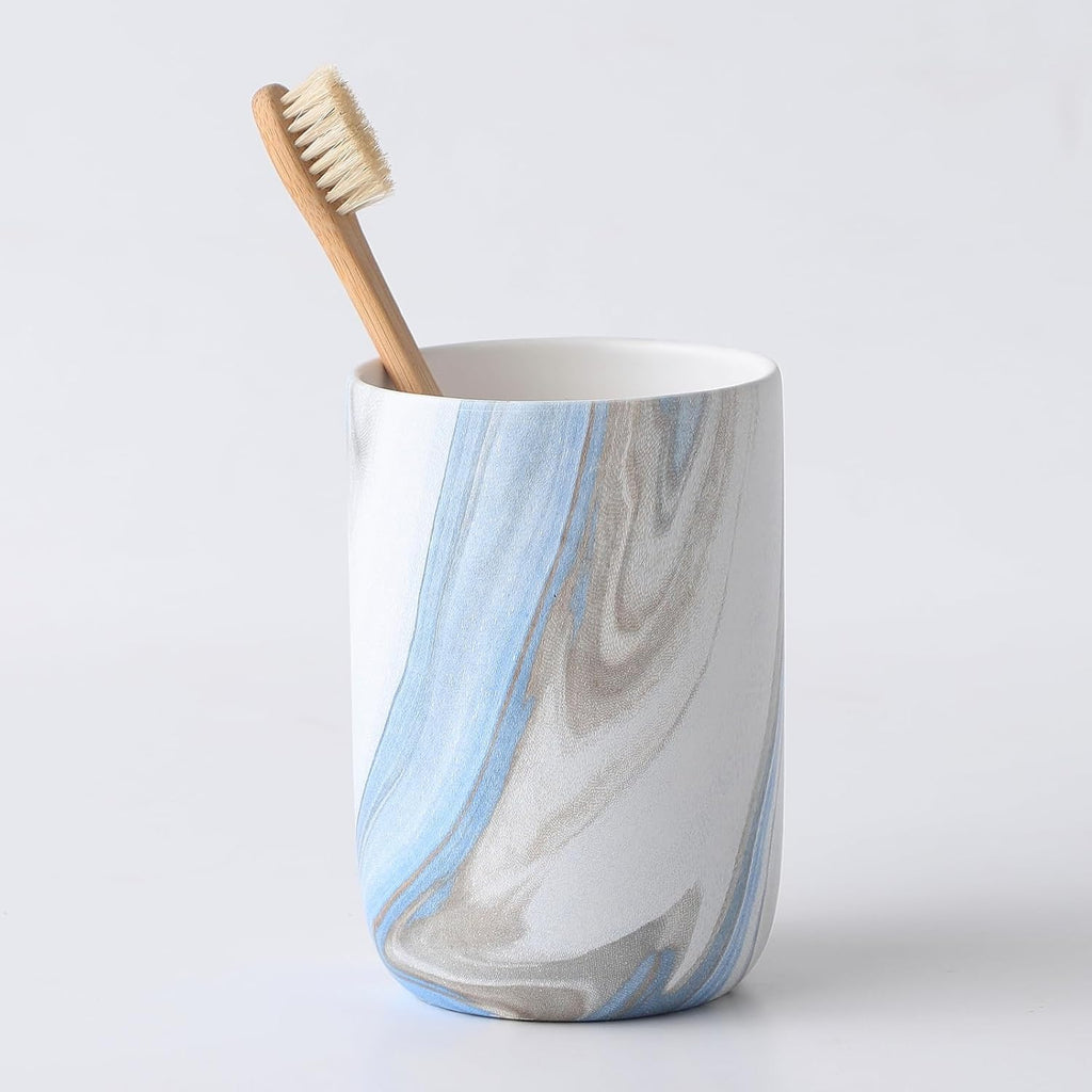 Blue Marble Toothbrush Holders - Ceramic Toothbrush Holders for Bathrooms, Toothbrush Toothpaste Holders, Marble Bathroom Tumbler Cups Reusable Toothbrush Mouthwash Cup, Bathroom Counter Organizer