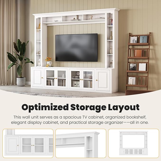 Merax Minimalist Entertainment Center Set with Bookshelves, All-in-1 Large TV Wall Unit for TVs Up to 80'', 92 Inch Media TV Cabinet withTempered Glass Door for Living Room, White