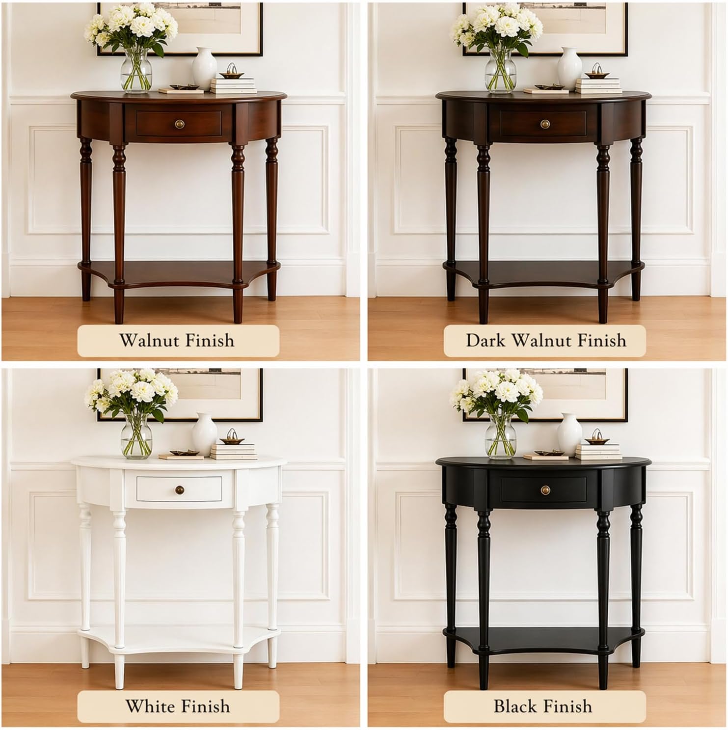 Half Moon Console Table with Drawer & Shelf, Half Round Wood Entryway Table, Narrow Small Console Table for Hallway, Foyer, Living Room & Small Spaces, （Dark Walnut 23.6IN）