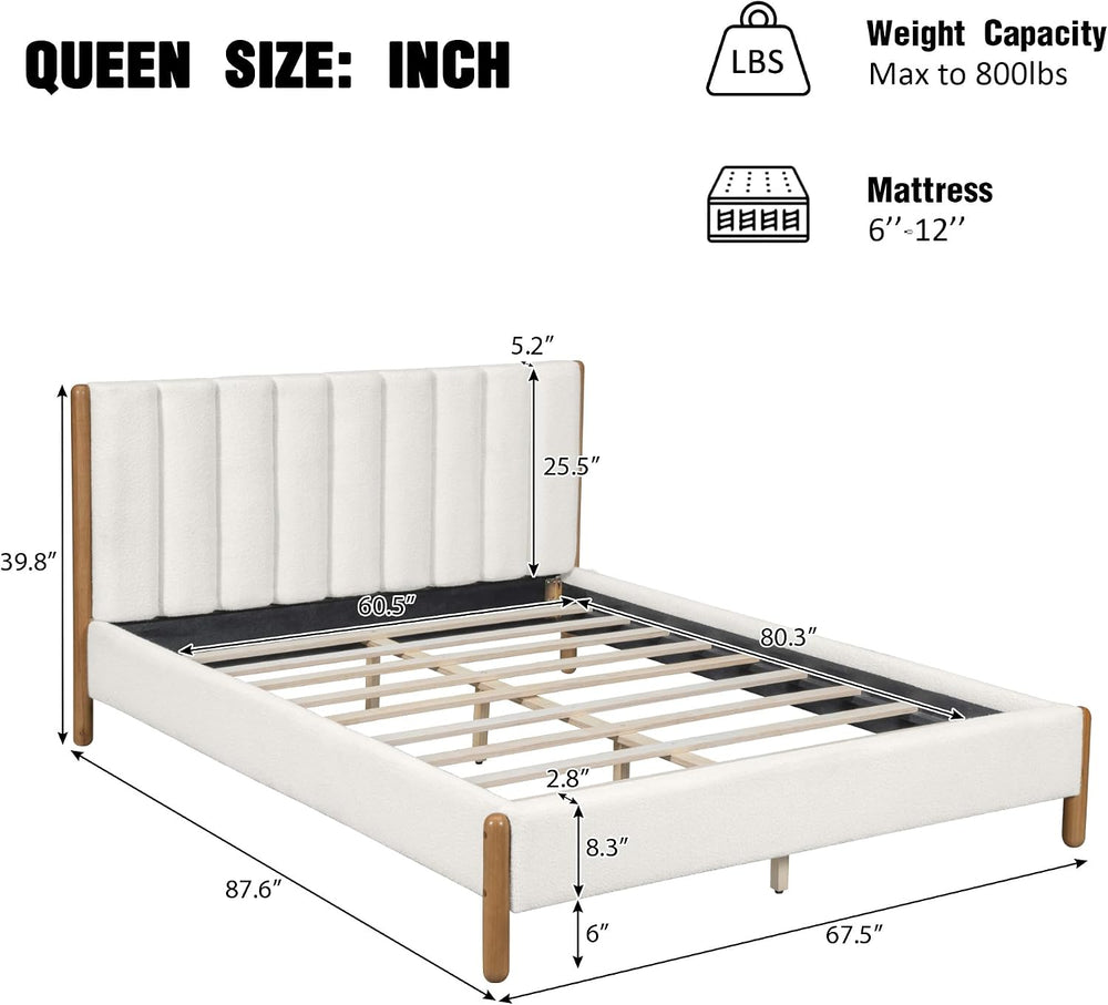 Peanu Queen Bed Frame, Boucle Upholstered Headboard, Solid Wood Legs, White
