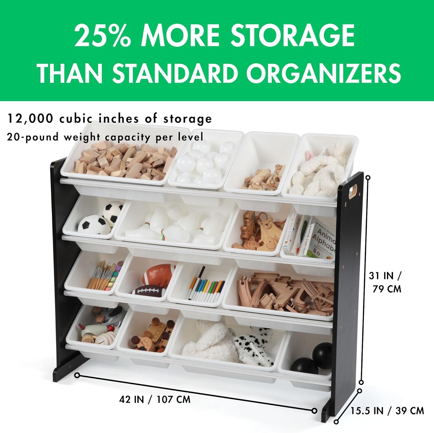Humble Crew Supersized Toy Storage Organizer with 16 Removable Bins, Black/White – Large Toy Storage for Toddlers Ideal for Kids' Rooms, Playrooms, and Nurseries - Modern Toy Bins for Kids
