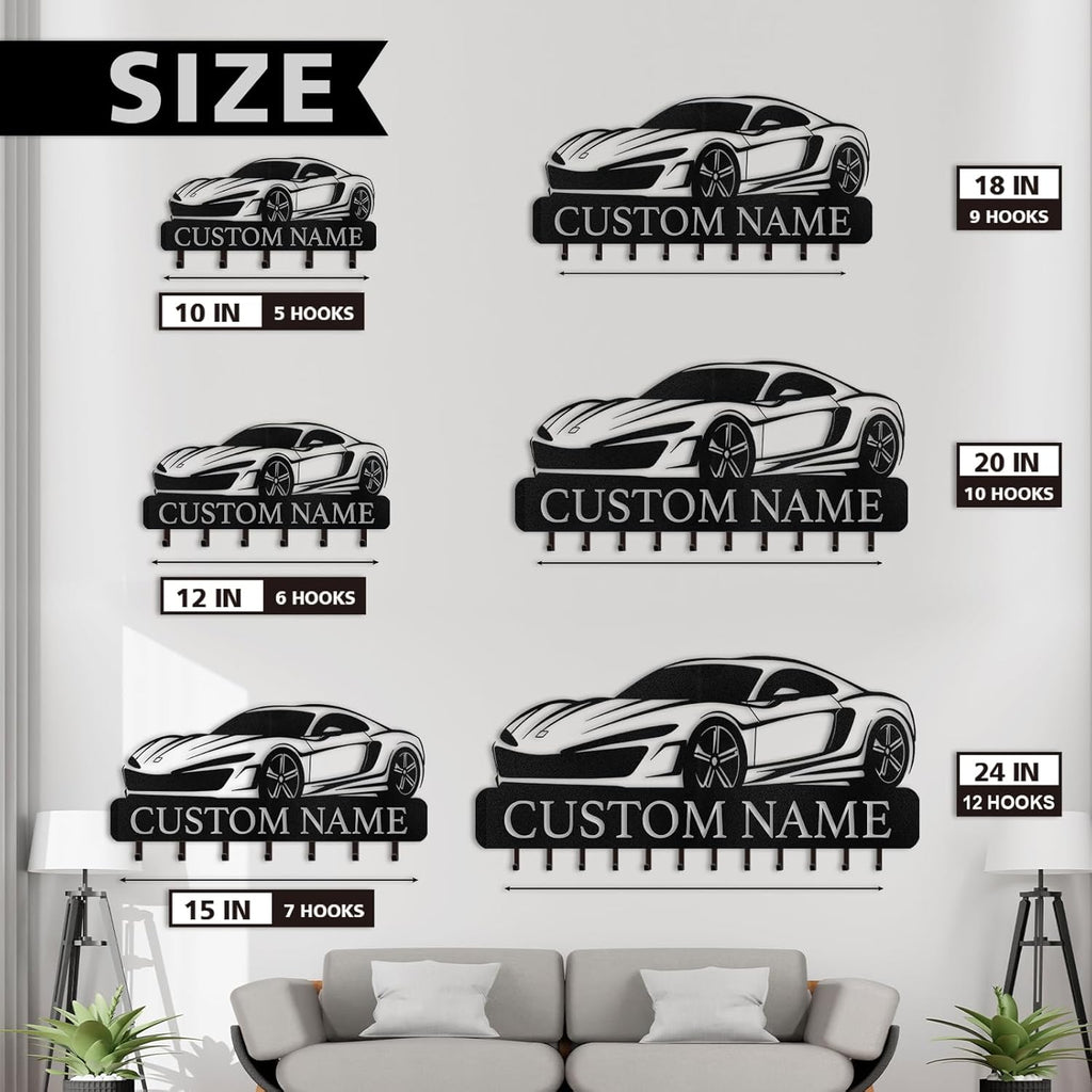 Personalized Key Holder Wall Mount - Custom Key Rack Wall Mount with Hooks, Metal Key Rack Organizer, Car Design Key Hanger, Coat Rack, Wall Mounted Decor for Entryway, Front Door, Office