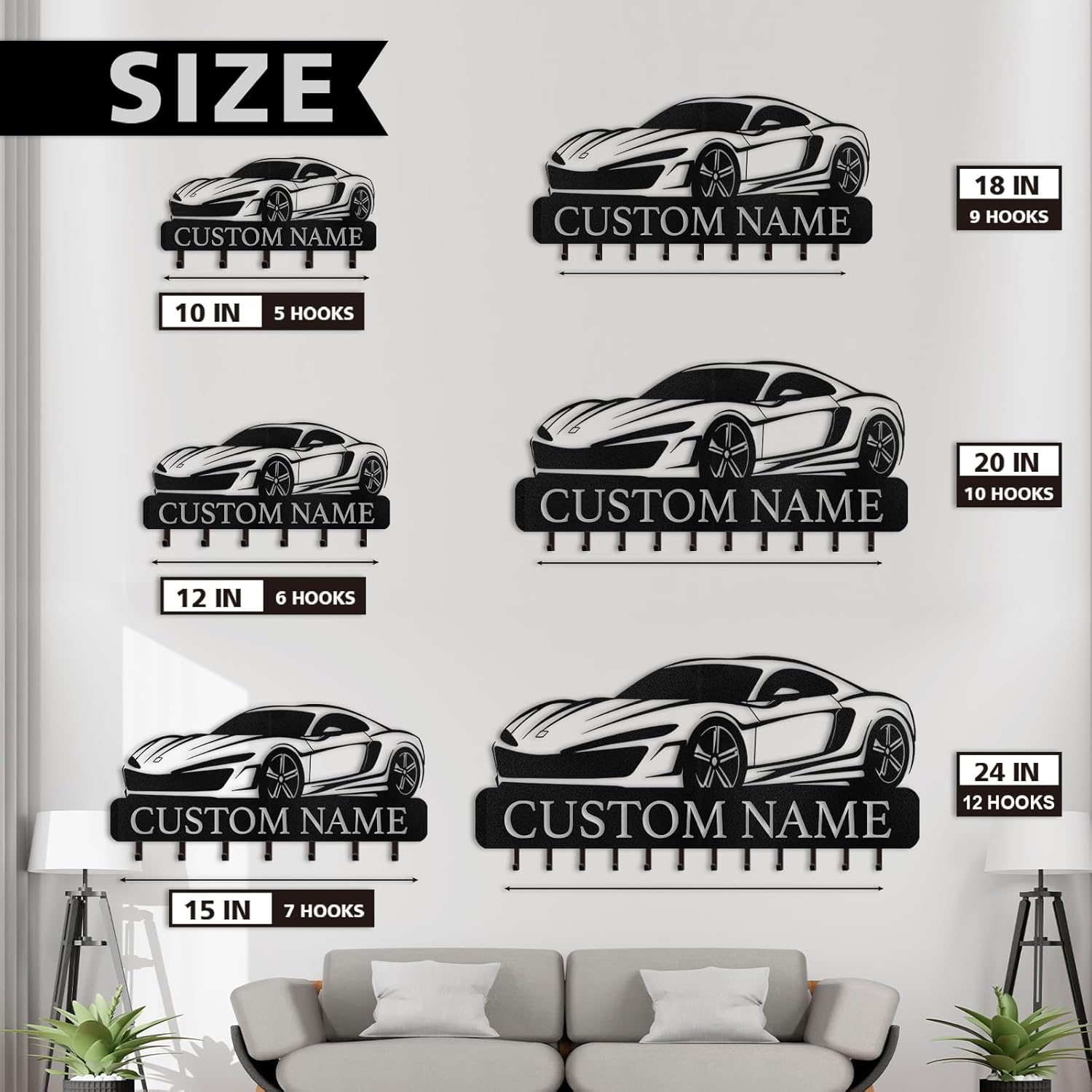 Personalized Key Holder Wall Mount - Custom Key Rack Wall Mount with Hooks, Metal Key Rack Organizer, Car Design Key Hanger, Coat Rack, Wall Mounted Decor for Entryway, Front Door, Office