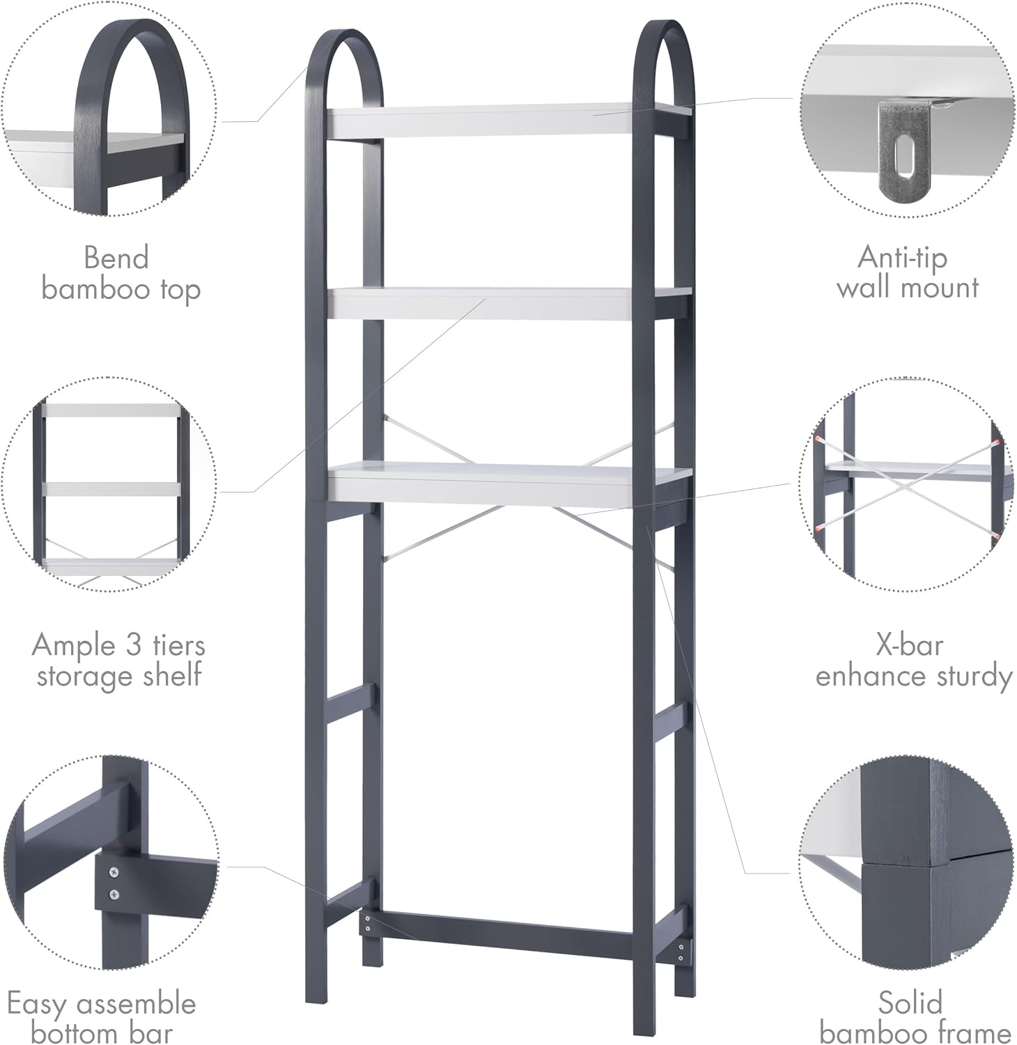 Spirich Over The Toilet Storage Shelf, 3-Tier Over Toilet Bathroom Organizer, Space-Saving Above Toilet Storage Shelf Rack with Bamboo Frame, Gray