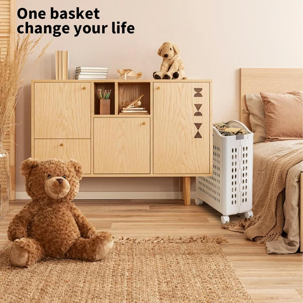Rolling Laundry Hamper with Wheels - 14W×7.5D×21H Ventilated Plastic Laundry Basket, White Storage Bin with Handles for Small Spaces, Bedroom & Bathroom