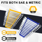 4-Pack Magnetic Wrench Organizer, 48-Slot Wrench Rack Tool Trays, Durable ABS Wrench Holder for Tool Box Drawer Chest, SAE (1/4" to 1-1/16") & Metric (6 to 24mm), Yellow/Blue