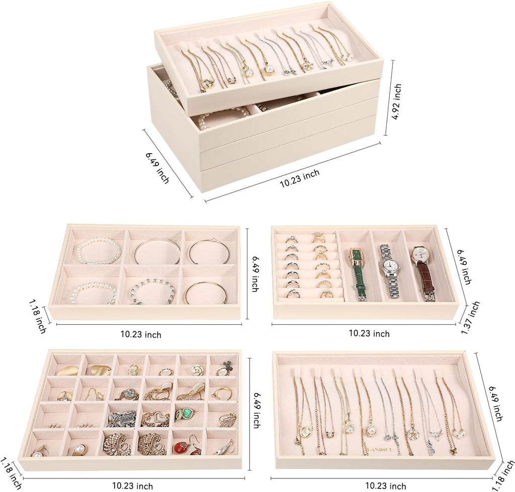 LANDICI Stackable Jewelry Organizer Trays 4 Set,PU Leather Jewelry Organizer Drawer,Jewelry Storage Display Tray for Earring Necklace Rings Bracelet with Removable Dividers,Apricot