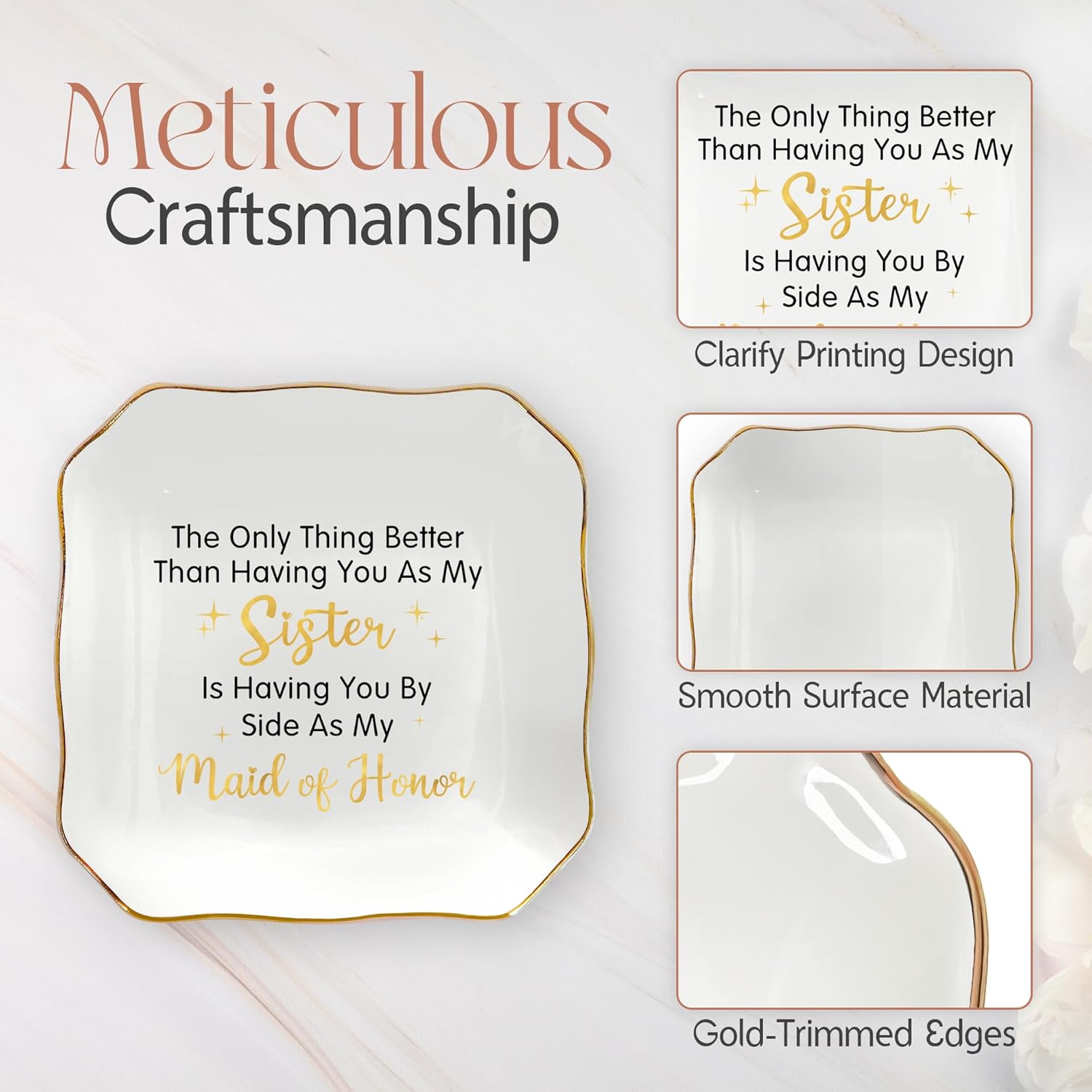 OASSIE Christmas Maid of Honor Gifts for Women - 4"x4" Ceramic Jewelry Dish Tray - Christmas Wedding Bridesmaid Gifts for Sister, Ring Holder for Women, Jewelry Tray for Maid of Honor Proposal