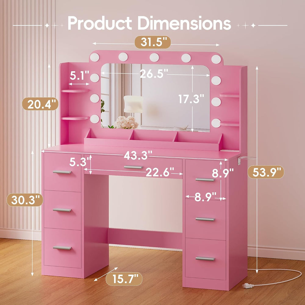 Furmax Vanity Desk with Hollywood Style Mirror with LED Lights, Makeup Table ...