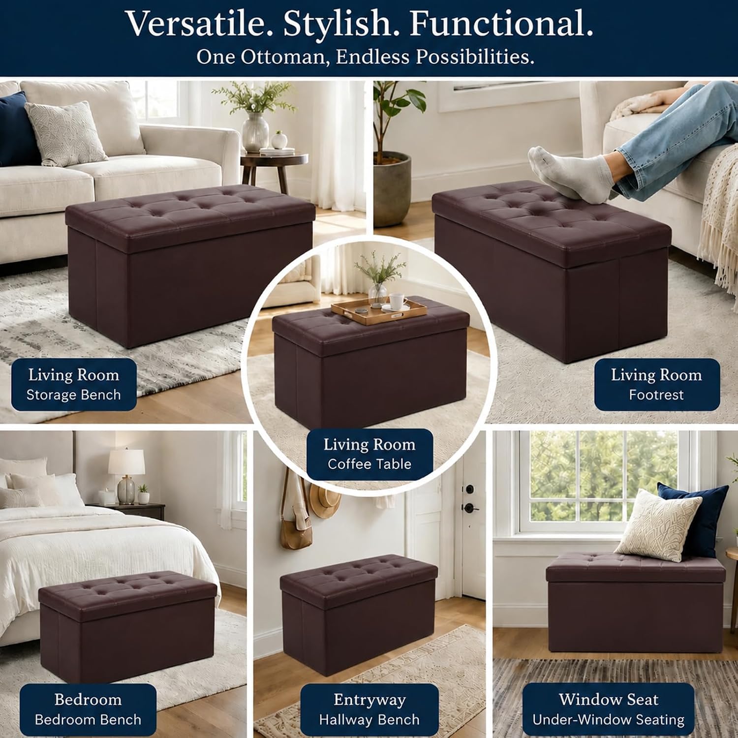 ALASDO 30 Inch Folding Storage Ottoman Bench with Hidden Storage, PU Leather Ottoman Foot Rest Stool, End of Bed Bench for Bedroom, Living Room, Entryway and Closet, Brown
