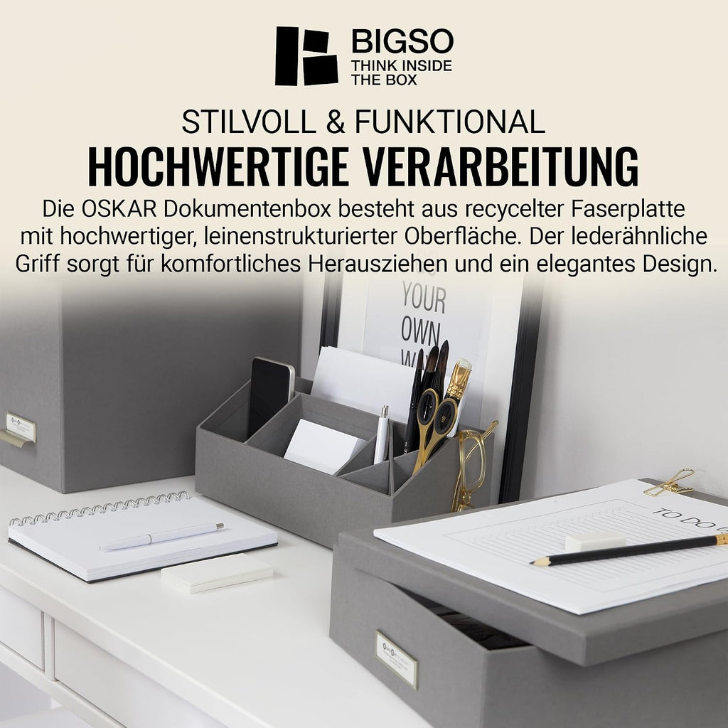 Bigso Box of Sweden Document Box for A4 paper, Brochures and Notes - Box with Lid and Handle - Fibreboard and Paper Box Storage with Lid - Grey