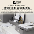 Bigso Box of Sweden Document Box for A4 paper, Brochures and Notes - Box with Lid and Handle - Fibreboard and Paper Box Storage with Lid - Grey