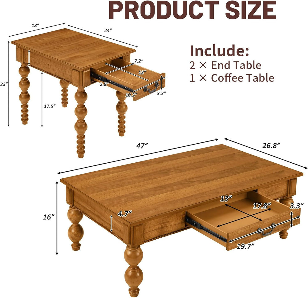 LKTART 3 Pieces Living Room Table Set, Wooden Vintage Coffee Table with 2 Nar...