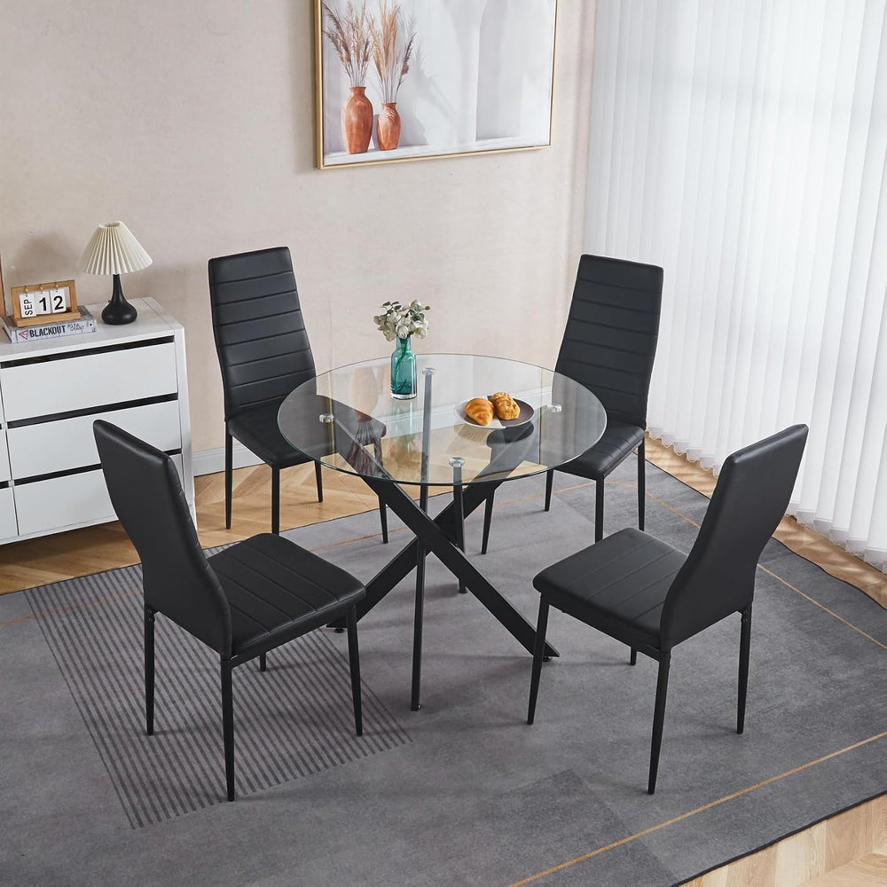 35.4" Round Glass Dining Table with Cross Metal Legs, Modern Small Kitch...