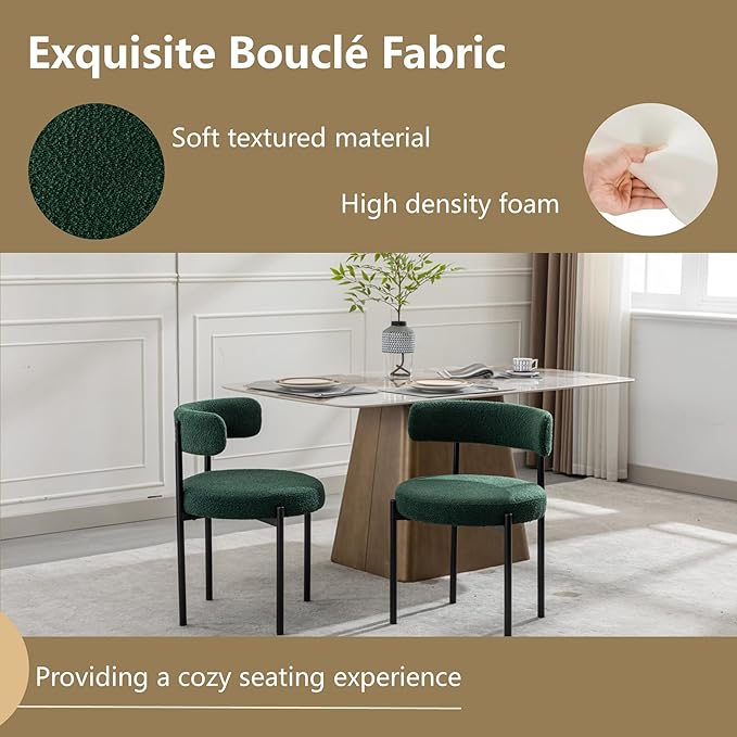 Boucle Dining Chairs Set of 2, Green Dining Chairs with Upholstered Seat and Round Back, Mid-Century Modern Kitchen Chairs for Dining Room, Restaurant