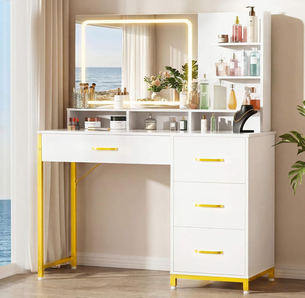 COMHOMA Vanity Desk with Mirror and Lights, Makeup Vanity Table with 4 Drawer...