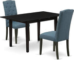 East West Furniture NOCE3-BLK-21 3 Piece Dining Table Set Contains a Rectangle Dining Room Table with Butterfly Leaf and 2 Mineral Blue Linen Fabric Parsons Chairs, 32x54 Inch, Black