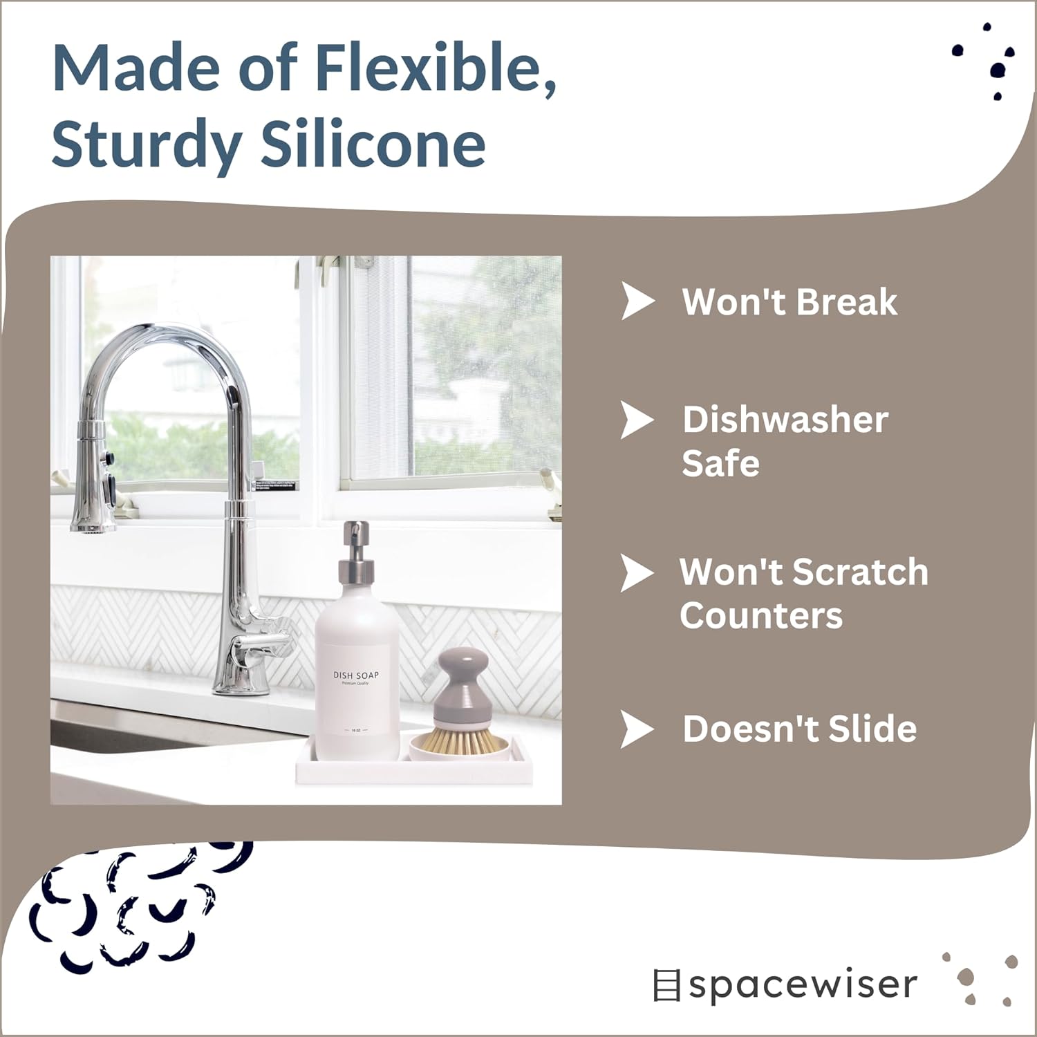 Countertop and Vanity Tray - Small 7.7” Silicone Tray for Soap Dispenser, Bathroom Trays, Dish Soap Trays for Kitchen Counter, Sink Caddy Sinks Organizer, Soaps Dish & Sponge Holder, White