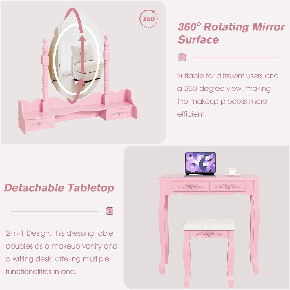 Vanity Desk with Mirror and Lights, Makeup Table with Cushioned Stool Set | M...