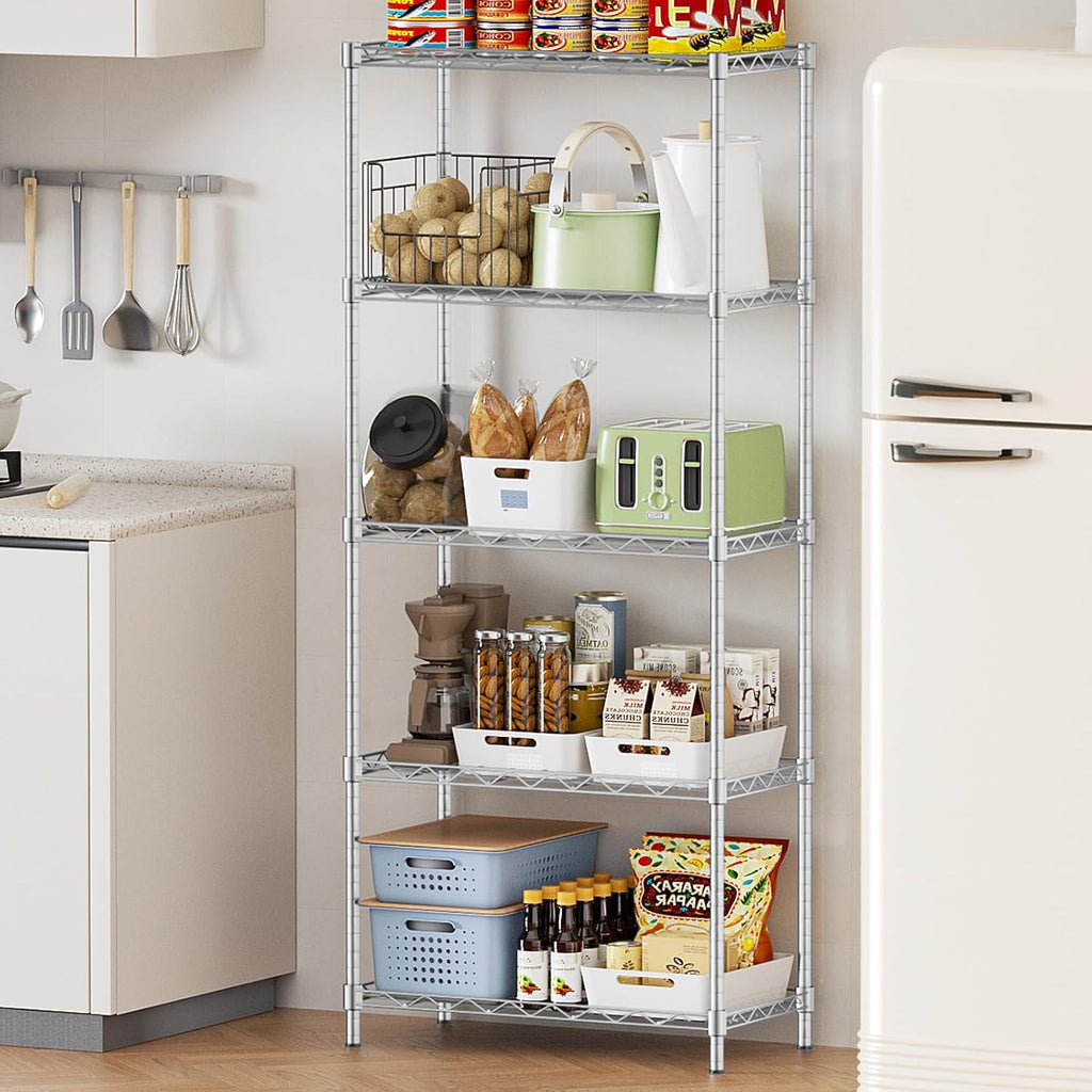 Storage Shelves,21.3"W*11.8"D*58.5"H Kitchen Wire Shelving Unit Loads 550LBS,5-tier Adjustable Metal Utility Shelf,Garage Shelves,Home Storage Rack for Kitchen,Laundry,Pantry and Closet,Chrome