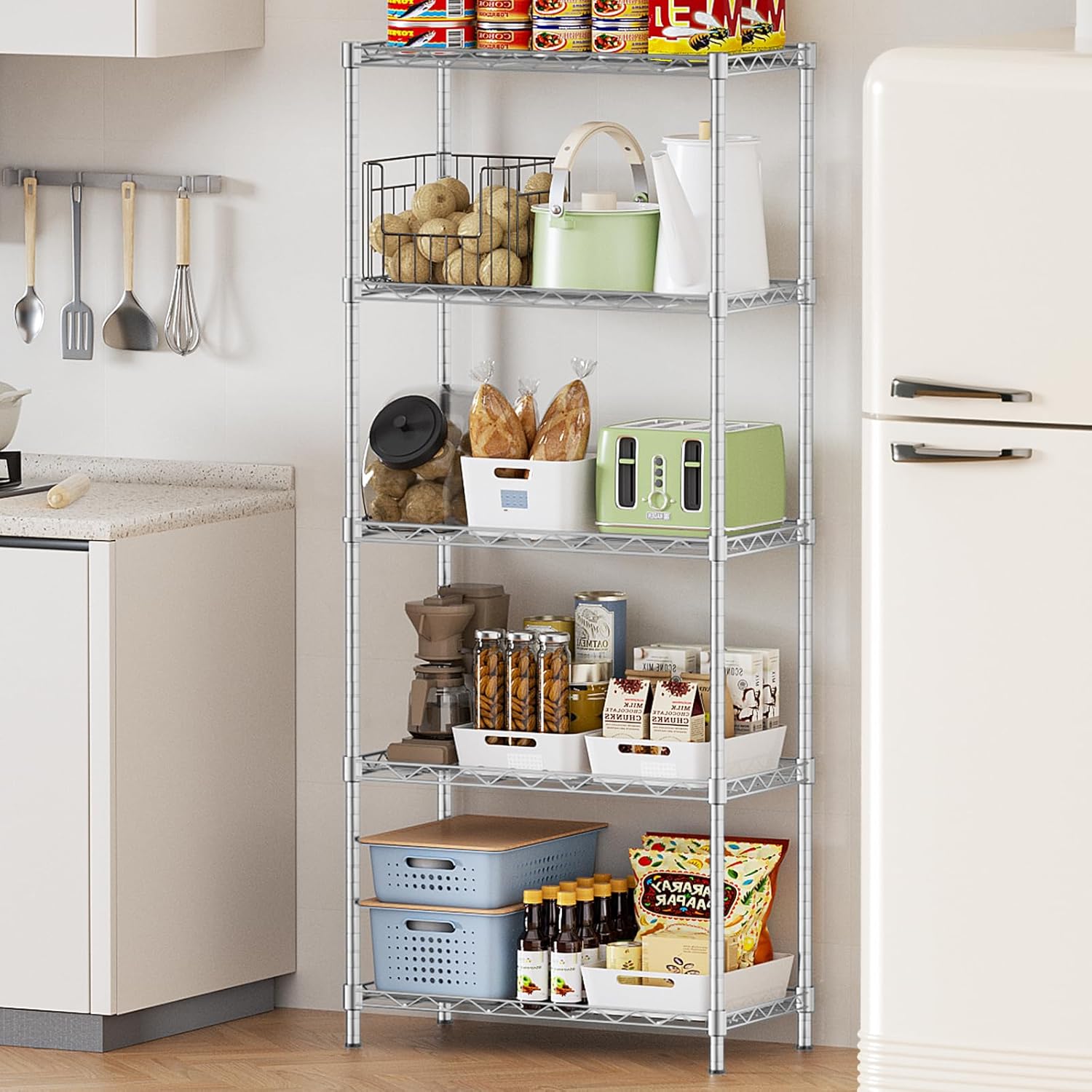 Storage Shelves,21.3"W*11.8"D*58.5"H Kitchen Wire Shelving Unit Loads 550LBS,5-tier Adjustable Metal Utility Shelf,Garage Shelves,Home Storage Rack for Kitchen,Laundry,Pantry and Closet,Chrome