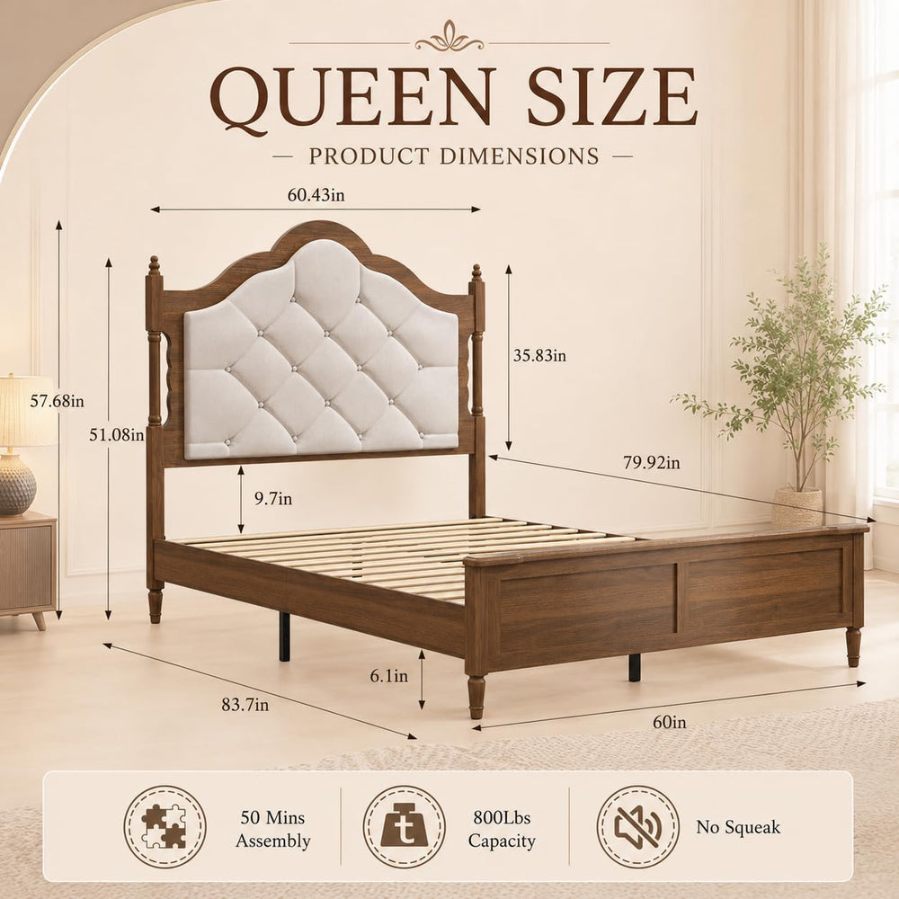 Queen Size Bed Frame with 51" Tall Wingback Headboard, Fabric Upholstere...