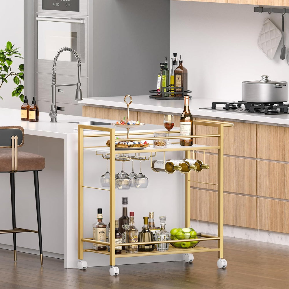 Joaxswe Bar Cart w/Wheels,2 Tier Home Bar Serving Cart,Flowing Gold