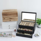 Meangood Jewelry Box Organizer for Women, 3 Layer Large Jewelry Storage Case, Rustic Wooden Jewelry Box with Mirror & Ring Tray for Necklace Earring Bracelets Rings, Vintage Style (Black)