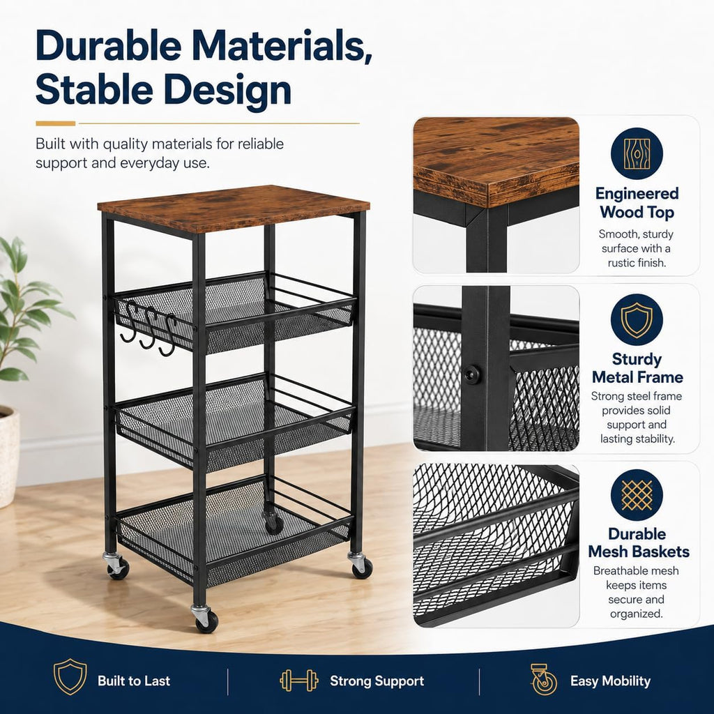 Homleke 4-Tier Rolling Kitchen Storage Cart, Utility Cart with Wooden Tabletop & Metal Baskets, Fruit Vegetable Basket for Kitchen, 3-S Hooks, Rustic Brown and Black
