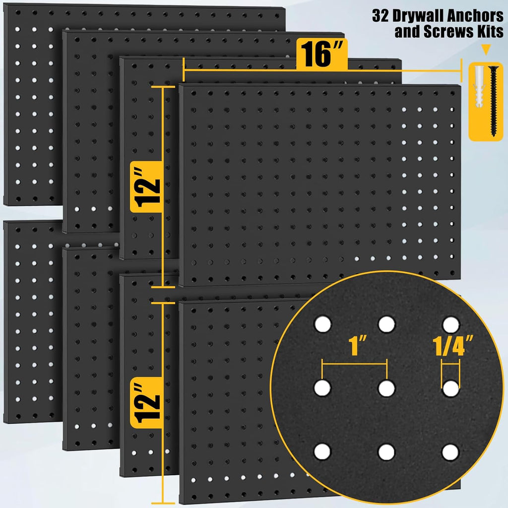 PBHEPJ 8 Pcs Metal Pegboard Panels, Heavy Duty Peg Boards for Garage and Garden Tool Storage, Includes Drywall Anchors and Screws Kits, Black (8 pcs 16in x 12in)
