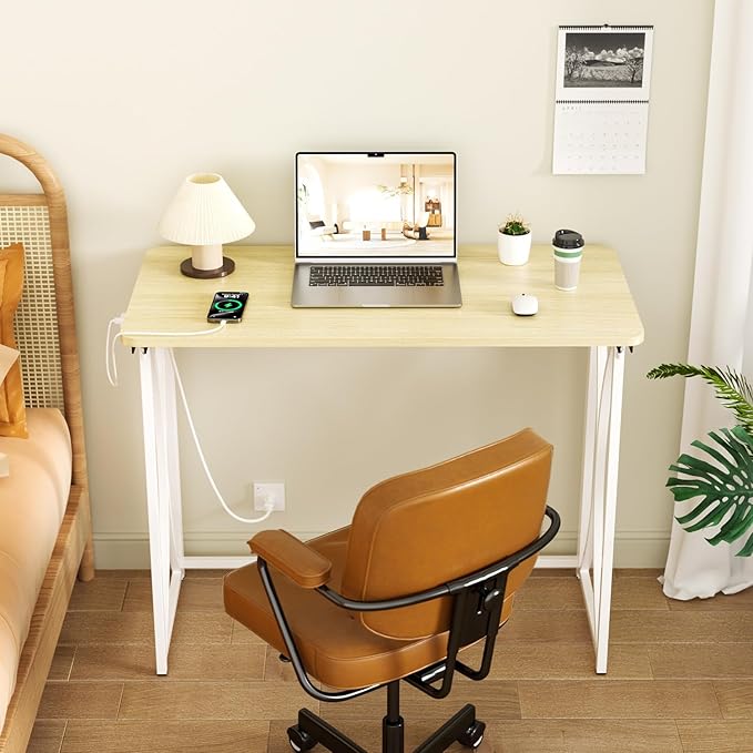 Folding Table, 31.5" Small Desk for Bedroom with Power Outlet, Space Saving Foldable Computer Desk for Home Office, Easy Assembly, Beige