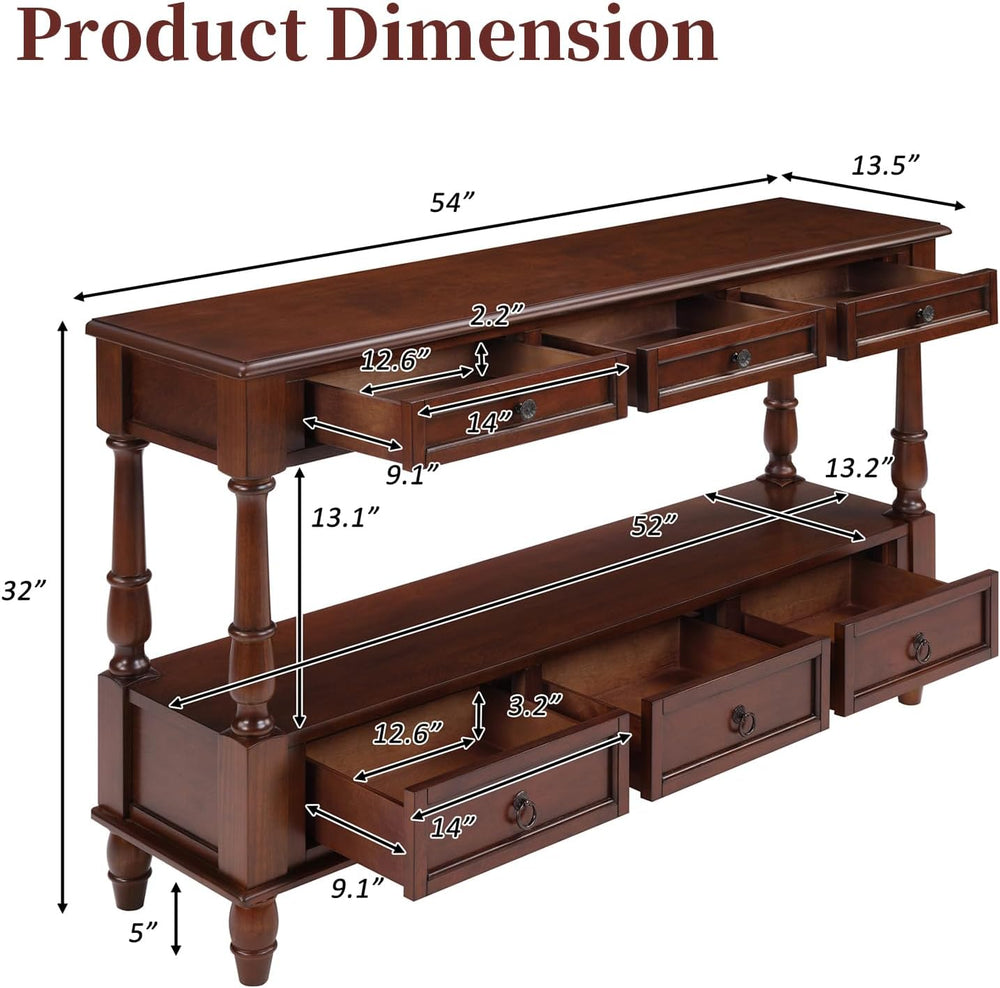 Vintage Solid Wood Console Table with 6 Drawers - 54" Hallway Sofa Table...