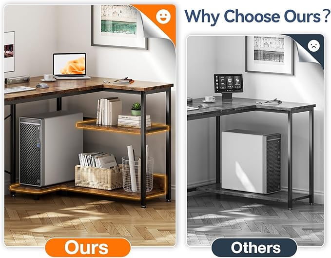 Casaottima L Shaped Computer Desk, 48 Inch Small Corner Desk with Storage Shelves & PC Stand, Reversible Gaming Desk for Bedroom, Modern Writing Study Table for Home Office, Vintage