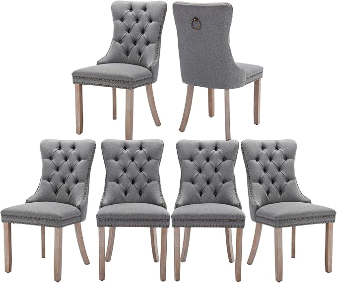 Dining Chairs Set of 6, Upholstered Tufted Linen Fabric Dining Room Chairs with High Back, Nailhead Trim and Solid Wood Legs, Modern Dining Chair for Dining Room, Kitchen(Grey)