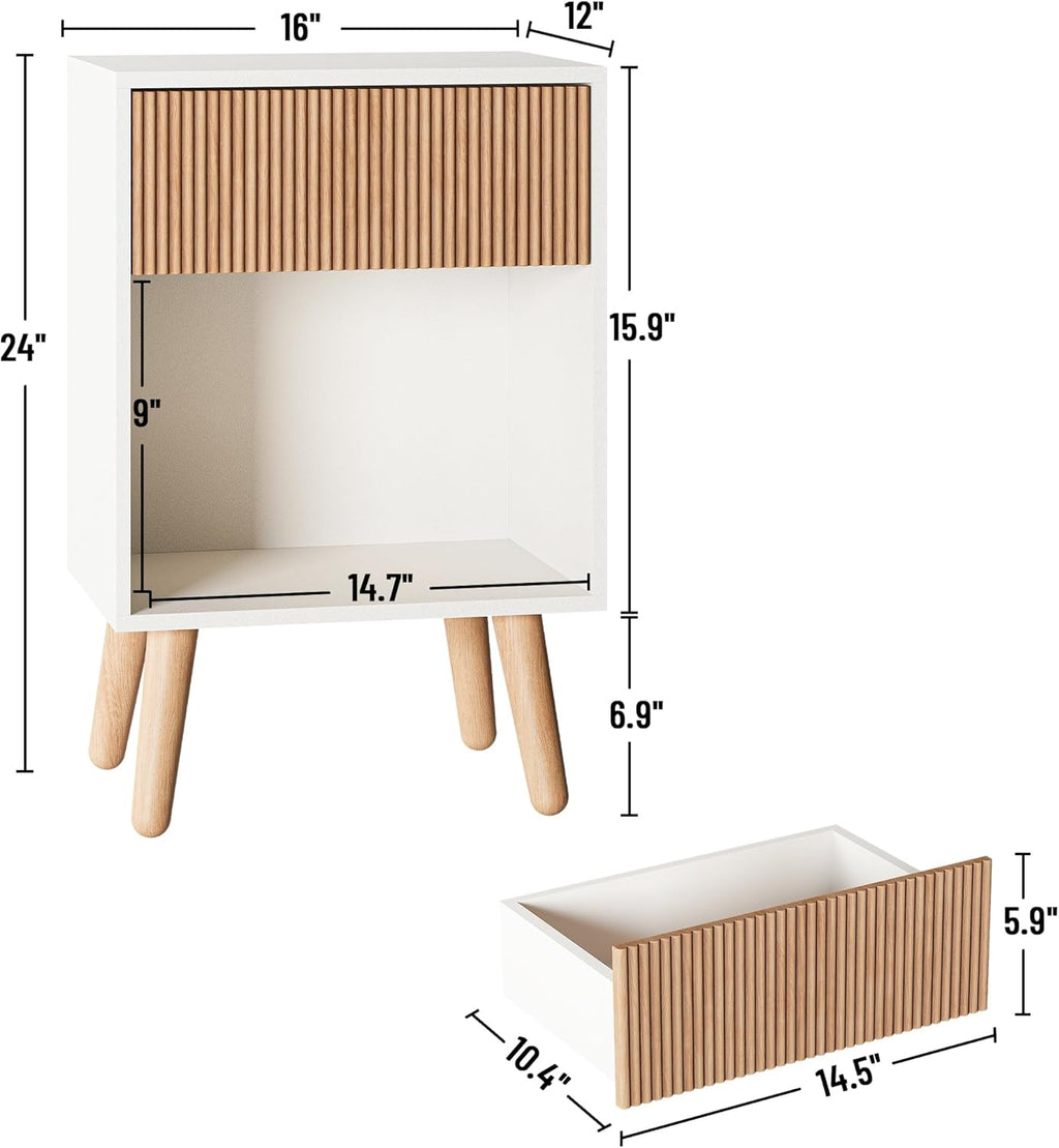 Fluted Nightstand, Modern Bedside Table with Storage Drawers and Open Wood Shelf, Night Stand with Solid Wood Legs, End Tables Side Tables for Living Room, Bedroom