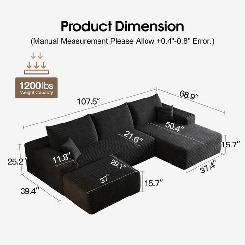 107.5" Comfy U-Shaped Sectional Modern Boneless Corduroy Couch with Chaise ‌and Ottoman‌ - No Assembly Required! Deep-Seat, Upholstered Modular Cloud Sofa for Living Room, Plush Corduroy Fabric(Black)