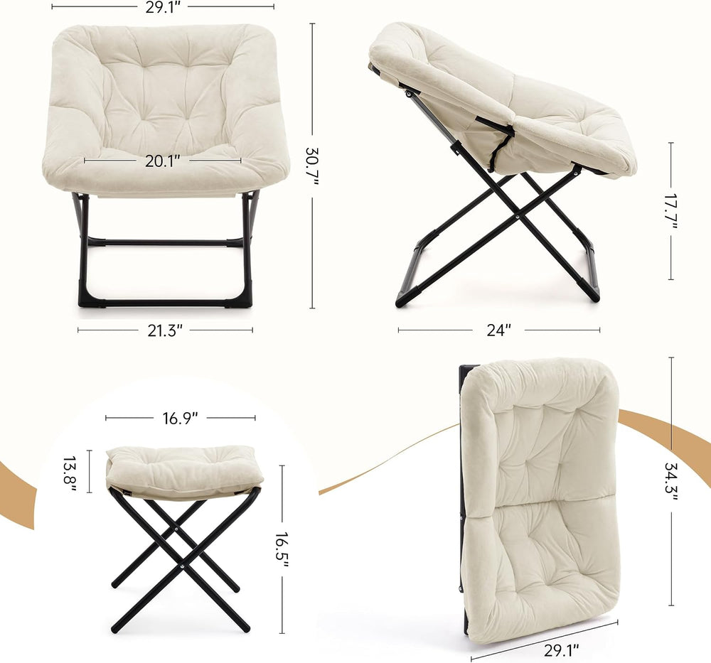 Saucer Chair with Ottoman, Foldable Living Room Chairs, Faux Fur Comfy Readin...