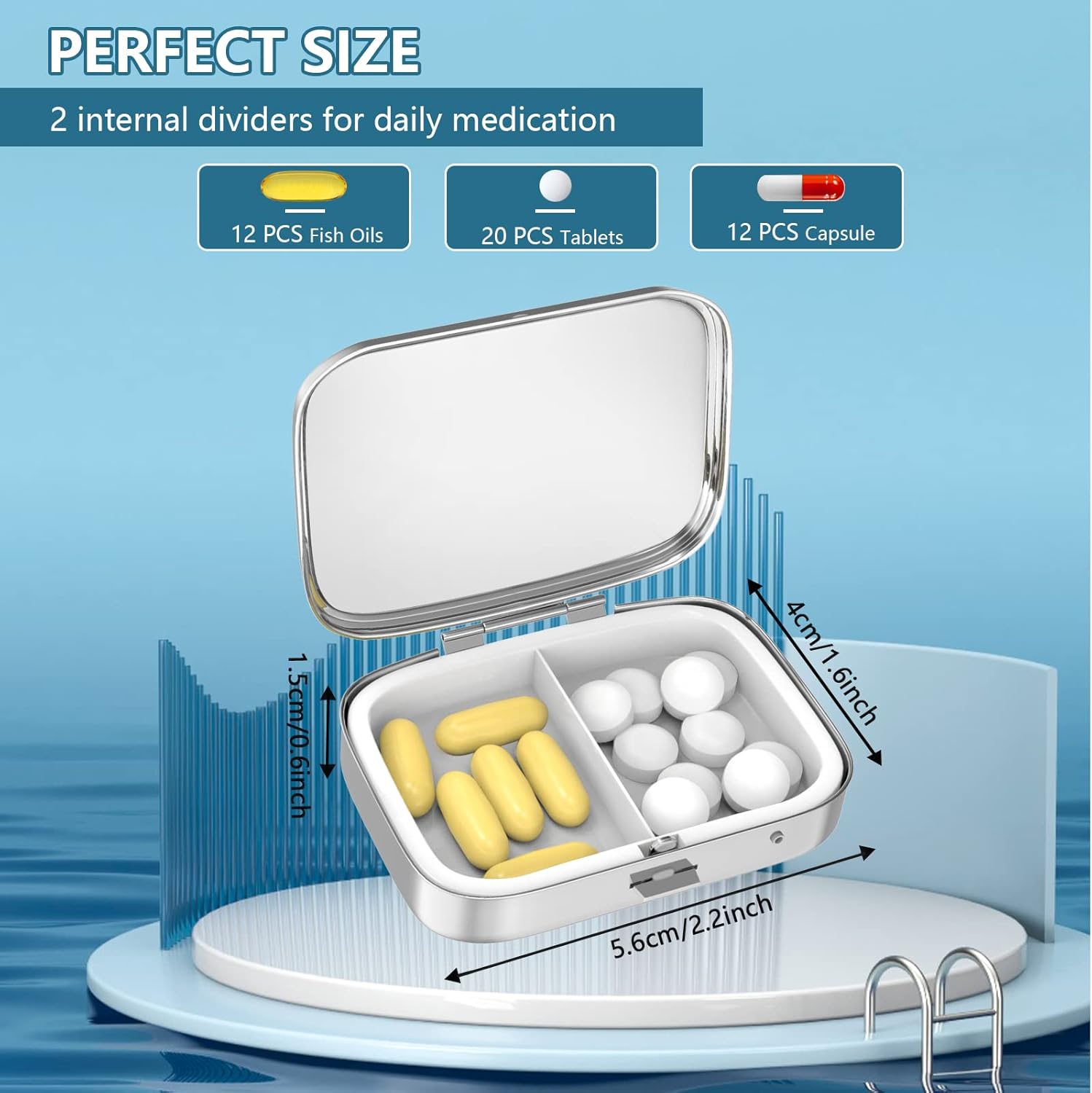 Pill Box 2 Compartment Medicine Pill Case,Portable for Pocket or Purse Pill Box Decorative Metal Medicine Vitamin Organizer Unique Gift（Bule Marble）
