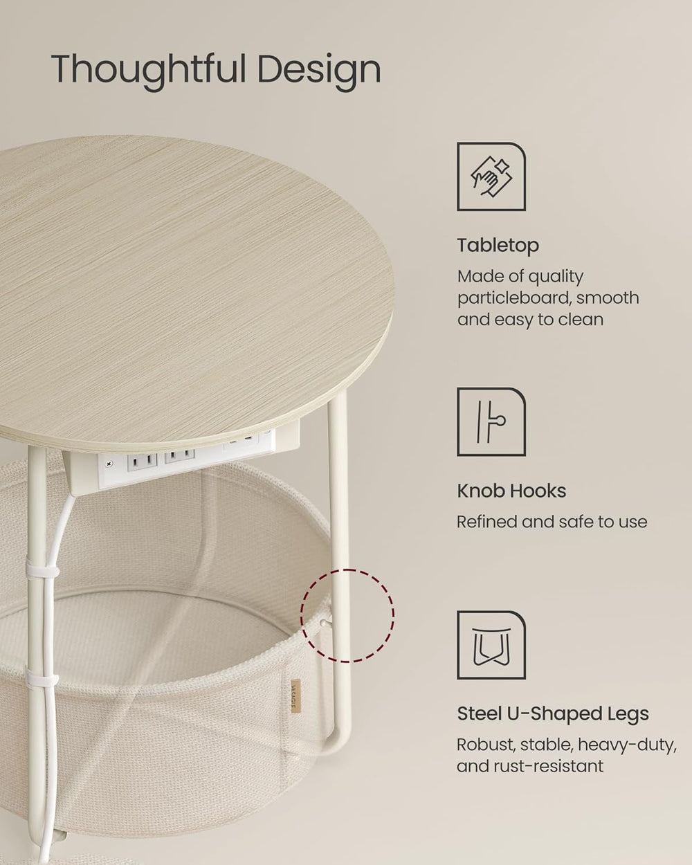 VASAGLE LILEA Collection - Side Table with Charging Station, Round End Table ...
