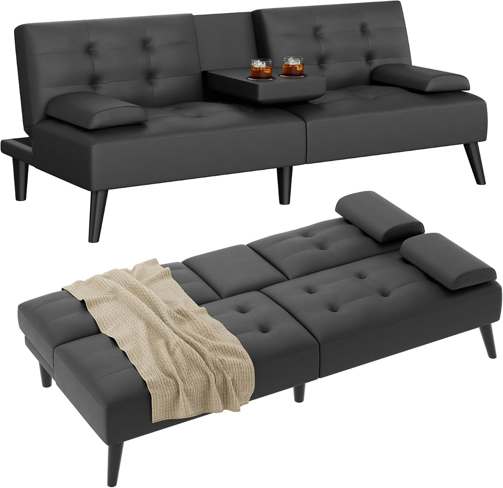 Shintenchi 64" Futon Sofa Bed, Leather Foldable Couch, Upholstered Loves...