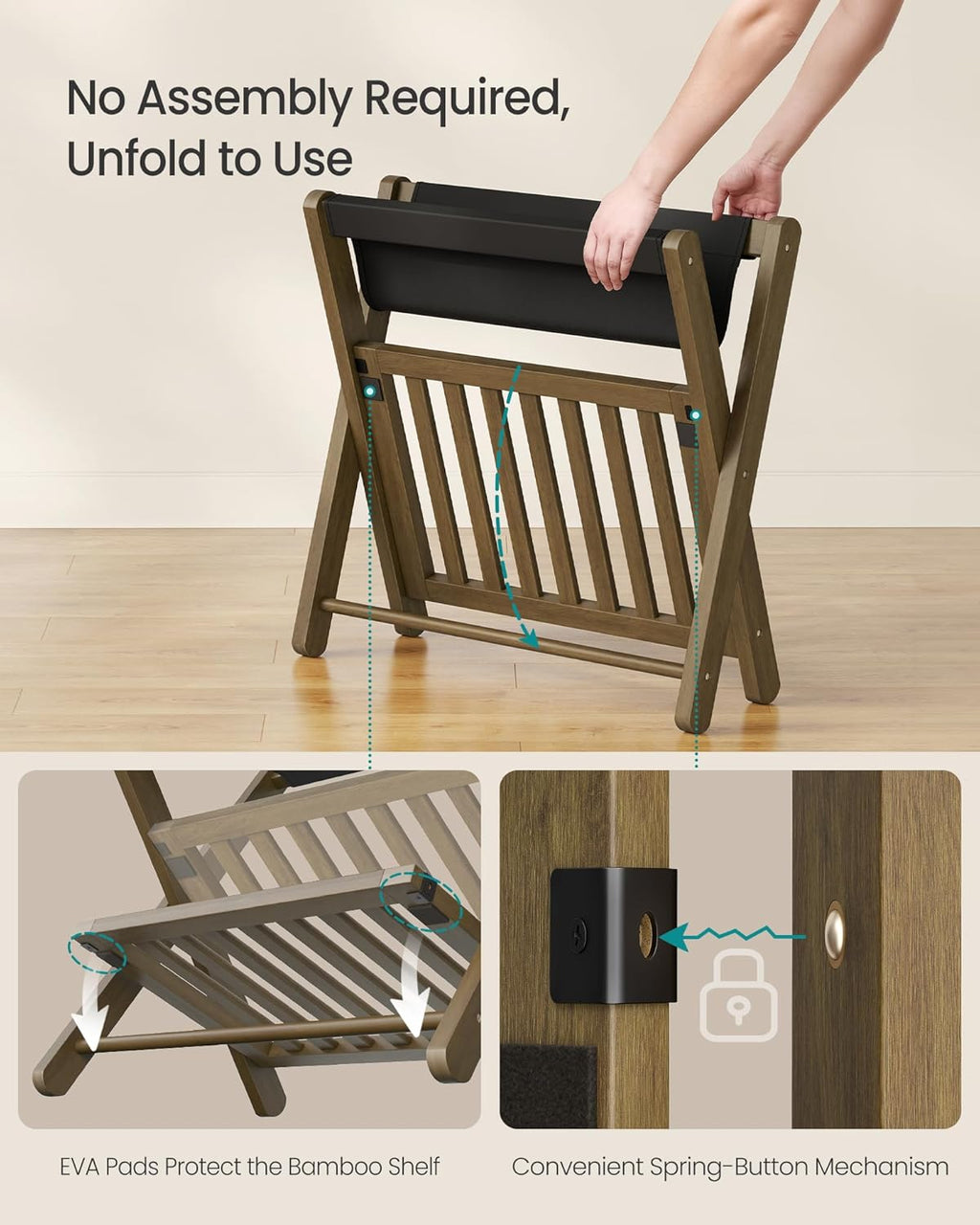 SONGMICS Bamboo Luggage Rack, Foldable Suitcase Stand, Luggage Holder with Storage Shelf, PU Synthetic Leather, Fully Assembled, for Guest Room, Hotel, Bedroom, Walnut Brown URLR030KZ01