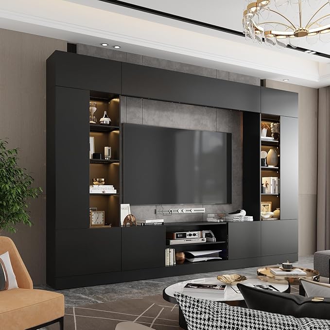 WOODTIME 114" Large Wall Unit Entertainment Center with Bookshelves, Lig...