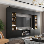 WOODTIME 114" Large Wall Unit Entertainment Center with Bookshelves, Lights and 18 Shelves, Modern 4-Piece TV Stand Media Console Table with Bridge Cabinet for Living Room & Home Theater, Black
