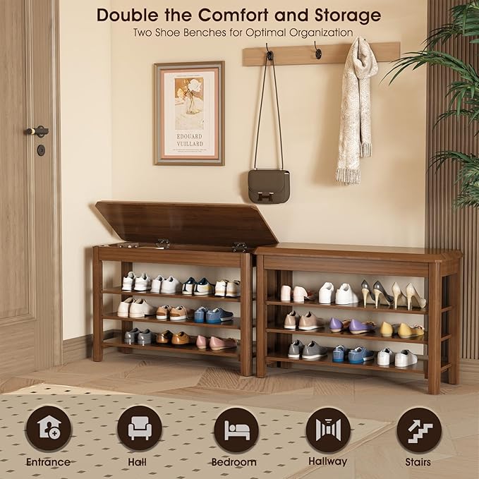 Shoe Rack Bench Seat Rubberwood 3-Tier Wooden Storage Bench 550lbs Compact Mi...